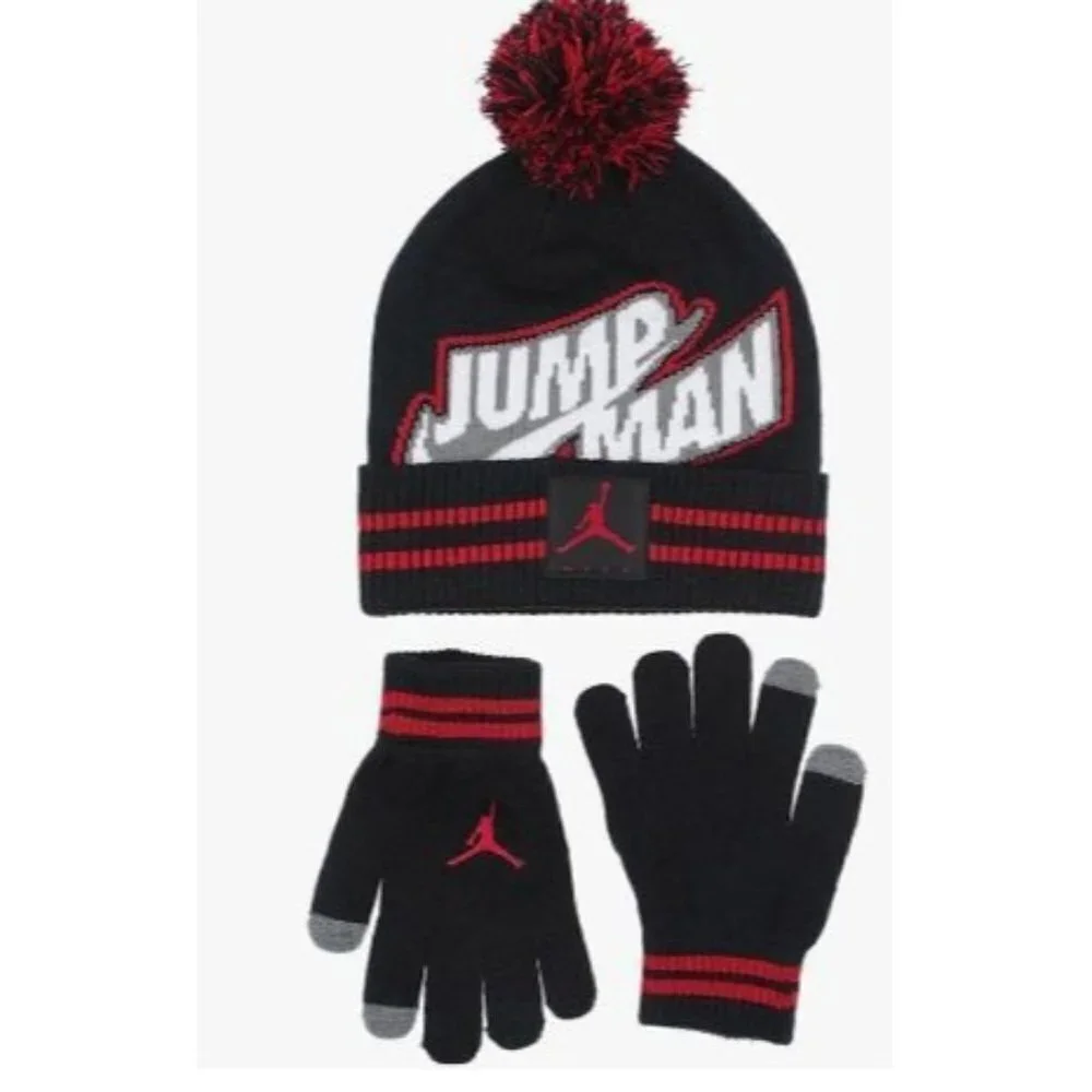 New! Nike Jordan Jumpman 2 Piece Knit Black Red Beanie Hat Glove Set Boys